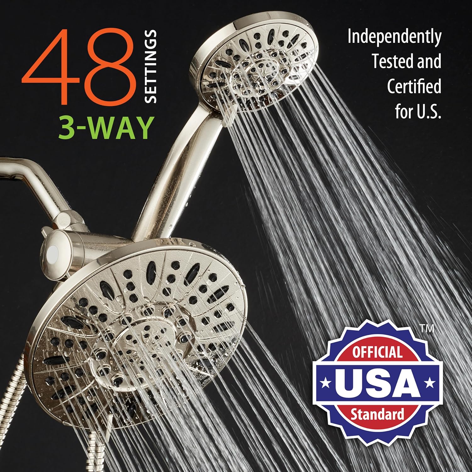 AquaDance 7" Premium High Pressure 3-Way Rainfall Combo with Stainless Steel Hose – Enjoy Luxurious 6-setting Rain Shower Head and Hand Held Shower Separately or Together – Brushed Nickel Finish 2.5 Gallons Per Minute Brushed Nickel