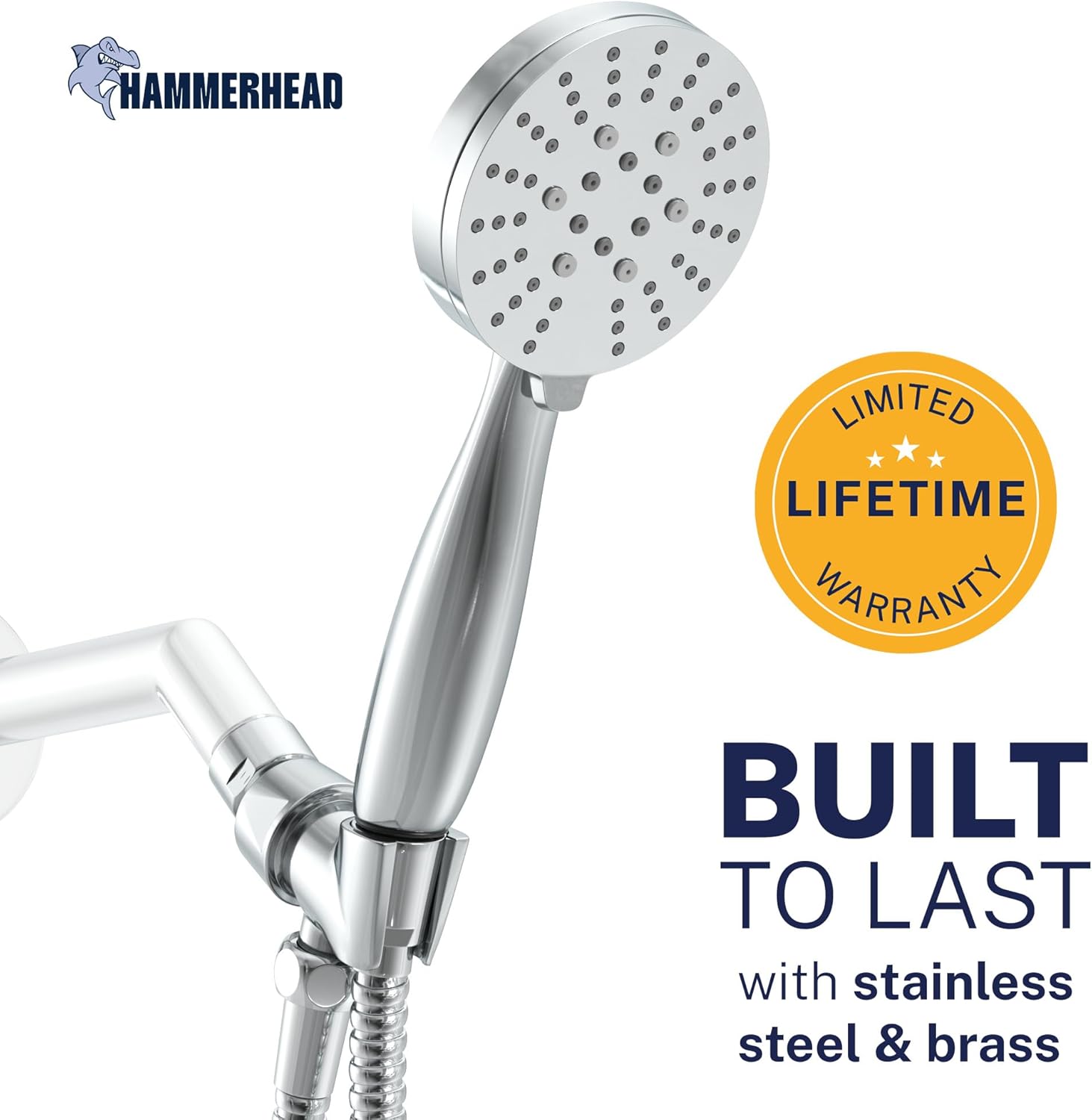 HammerHead Showers® Solid Metal 3-Spray Handheld Shower Head with Long Hose and Holder